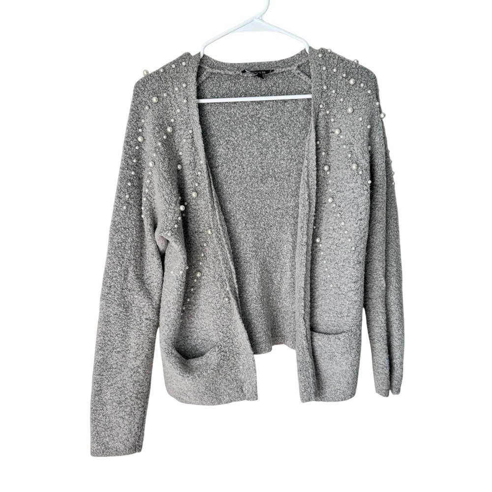 Joe's Gray Pearl Embellished Open Front Cardigan Sweater Pockets Marled Knit